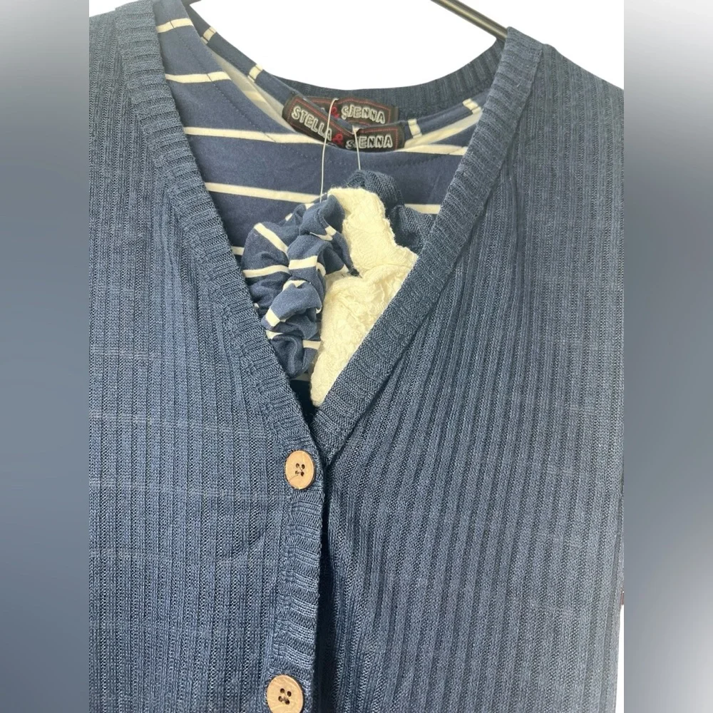 Stella & Sienna 3-Pc Set Midi Stripe Dress, Navy Blue Button-Up Cardigan L